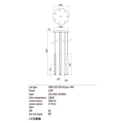 Redo 01-2050 - LED-kattokruunu johdossa MADISON 8xLED/4W/230V kulta