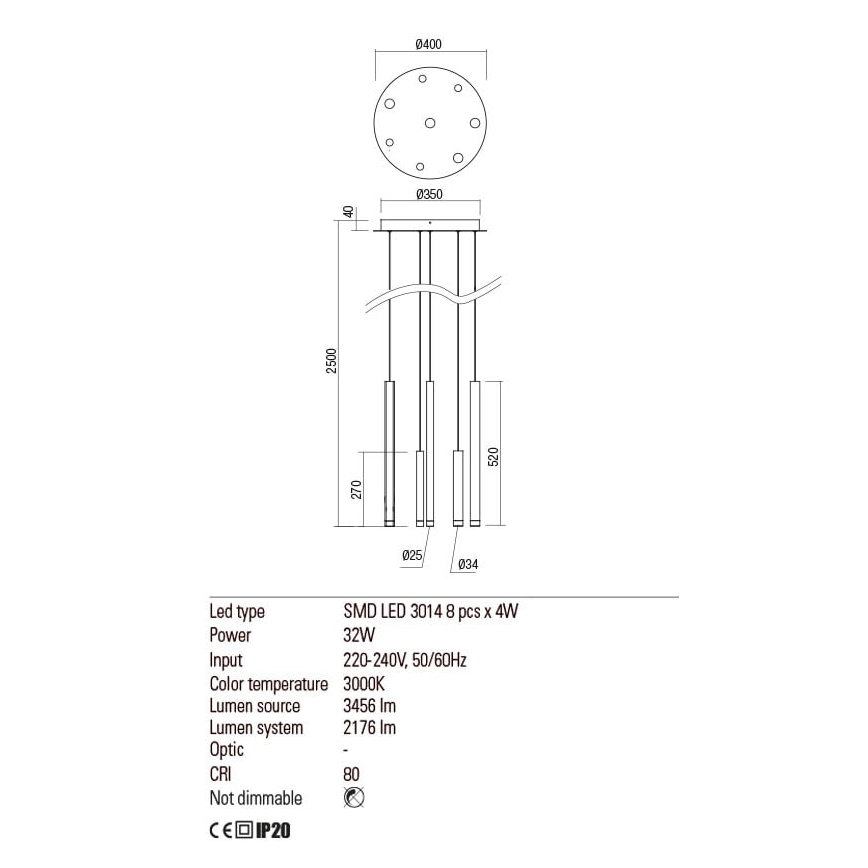 Redo 01-2050 - LED-kattokruunu johdossa MADISON 8xLED/4W/230V kulta