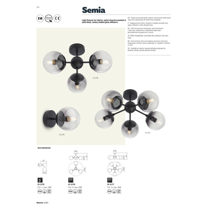 Redo 01-2175 - SEMIA-seinävalaisin 1xE14/28W/230V, musta/savunvärinen