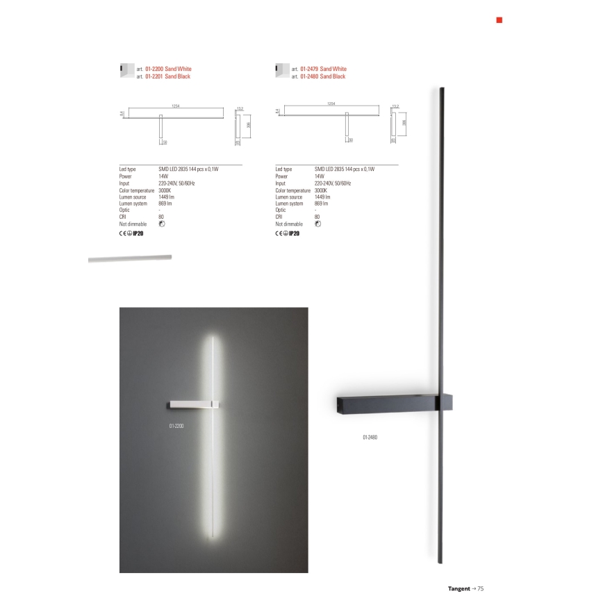 Redo 01-2201 - LED-seinävalaisin TANGENT LED/14W/230V 3000K 125,4 cm musta