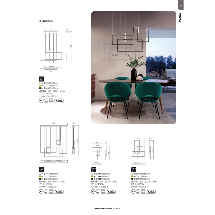 Redo 01-2316 - himmennettävä PLANA LED/80W/230V riippuvalaisin vaijerilla, valkoinen