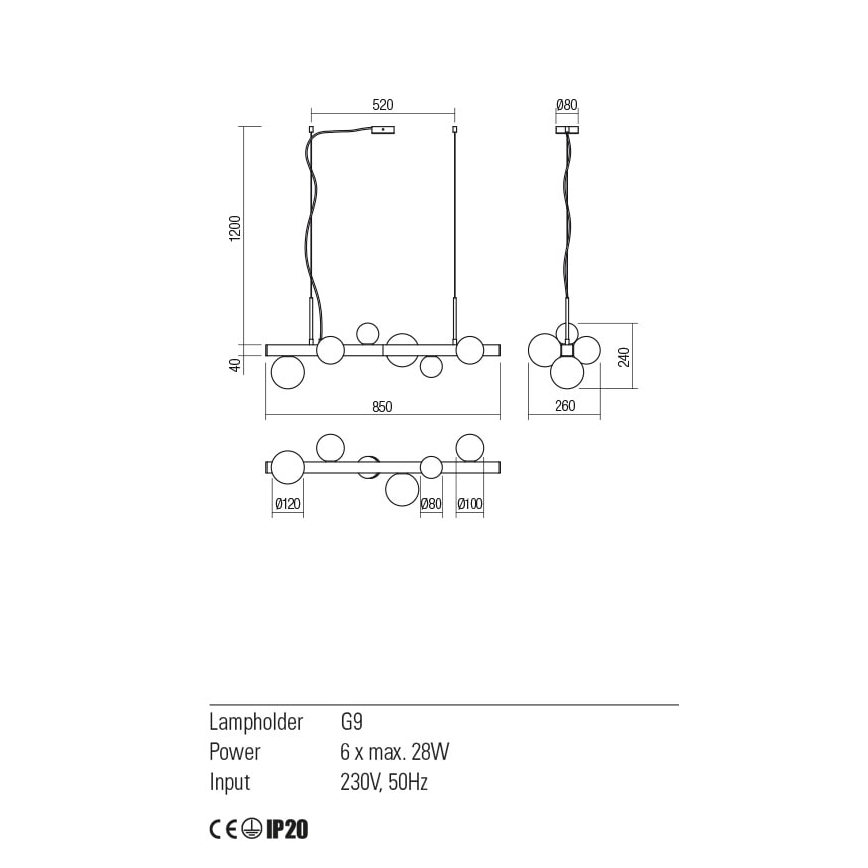 Redo 01-2375 - Kattokruunu johdossa GOJI 6xG9/28W/230V musta