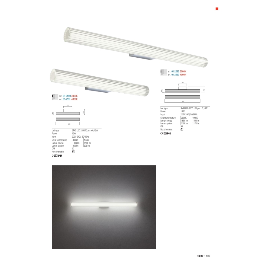 Redo 01-2591 - LED kylpyhuoneen peilivalaisin RIGAL LED/12W/230V 60 cm CRI 90 IP44 kiiltävä kromi/valkoinen