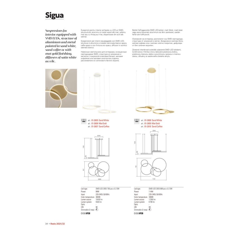 Redo 01-2606 - Himmennettävä LED-kattokruunu johdossa SIGUA LED/99W/230V CRI 90 3000K kulta