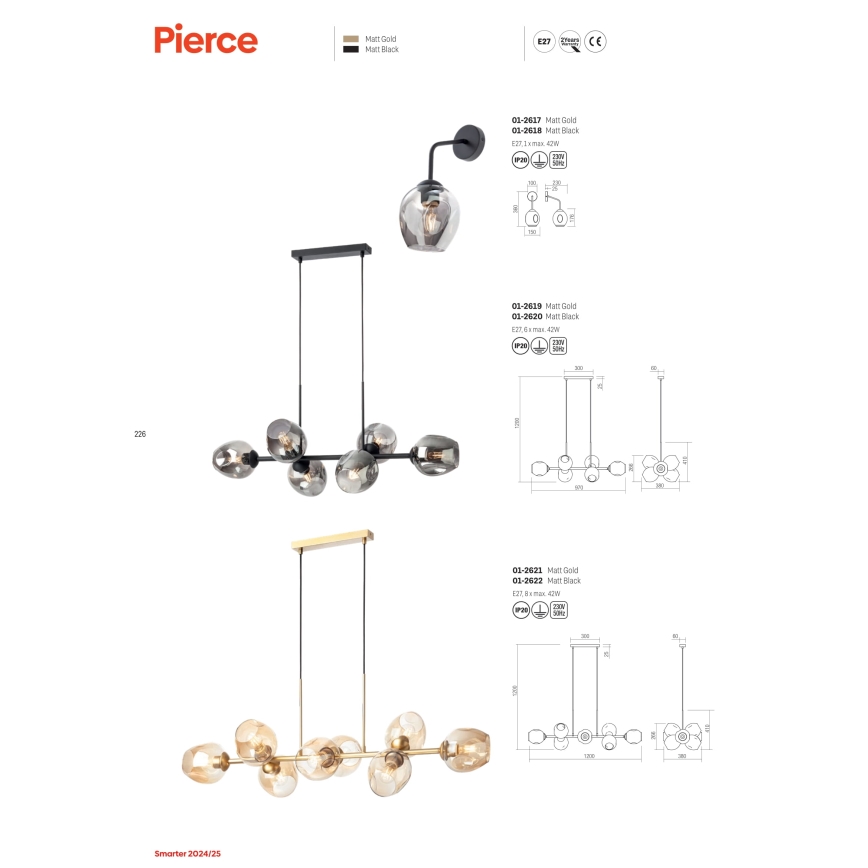 Redo 01-2617 - Seinävalaisin PIERCE 1xE27/42W/230V kulta/savuinen