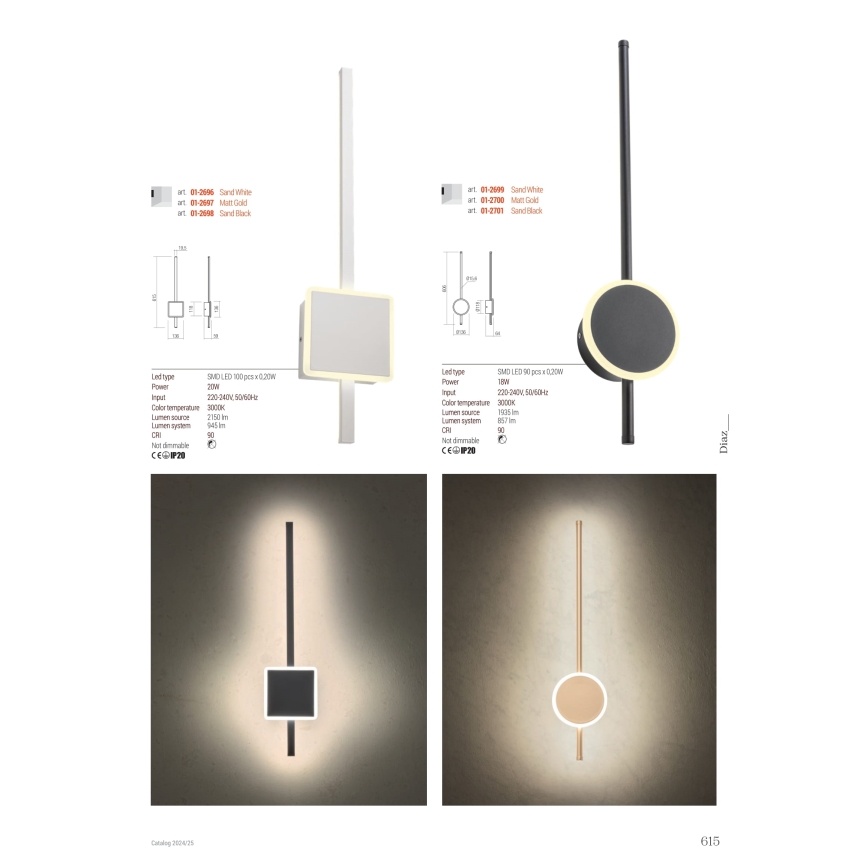 Redo 01-2701 - LED-seinävalaisin DIAZ LED/18W/230V CRI 90 musta