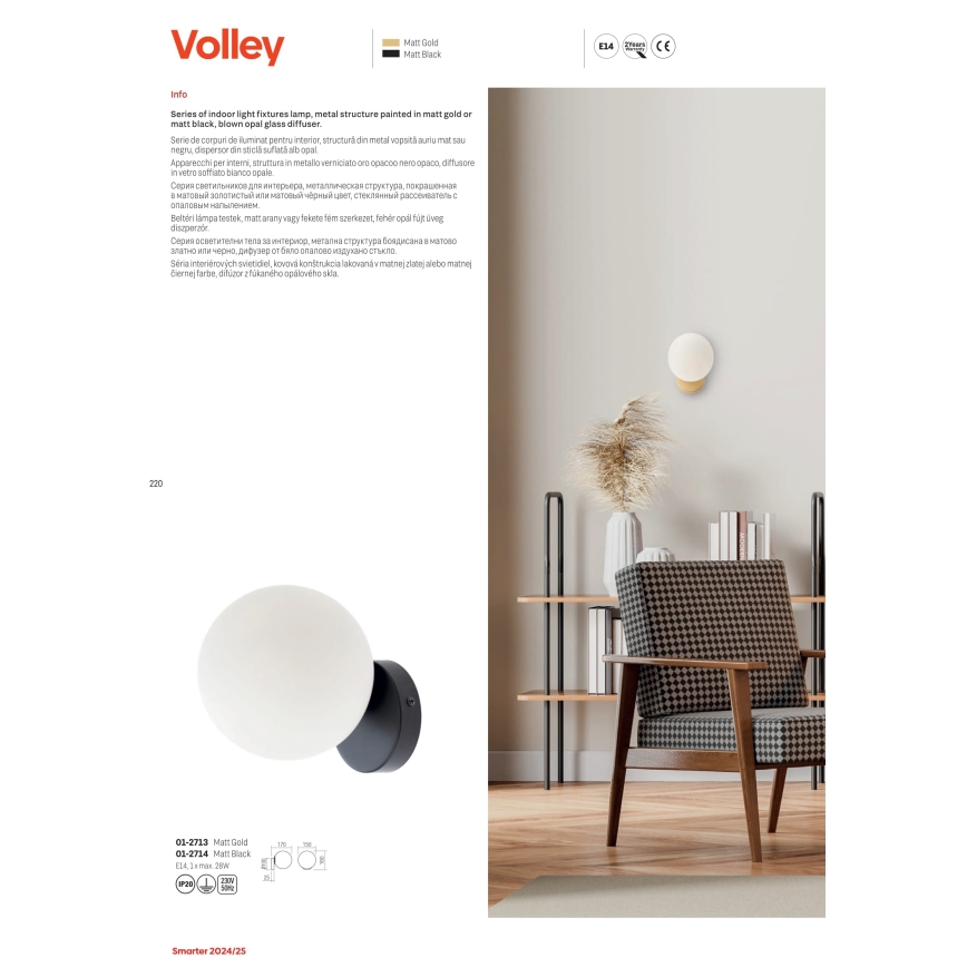 Redo 01-2713 - Seinävalaisin VOLLEY 1xE14/28W/230V kulta