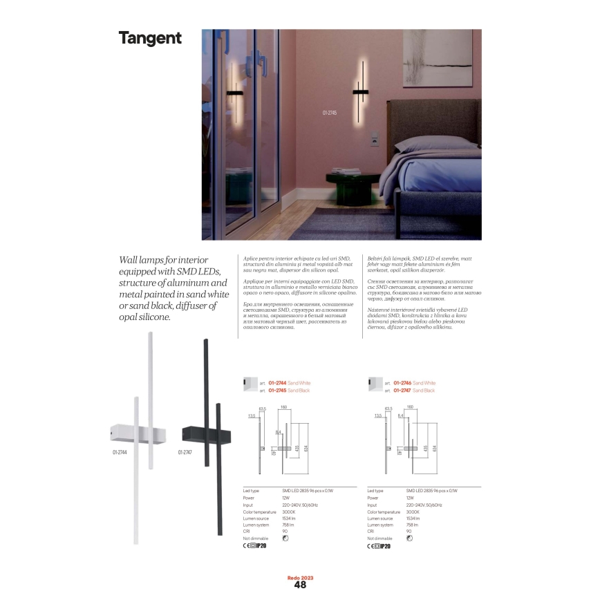 Redo 01-2744 - LED-seinävalaisin TANGENT LED/13W/230V 3000K 63,4 cm CRI 90 valkoinen