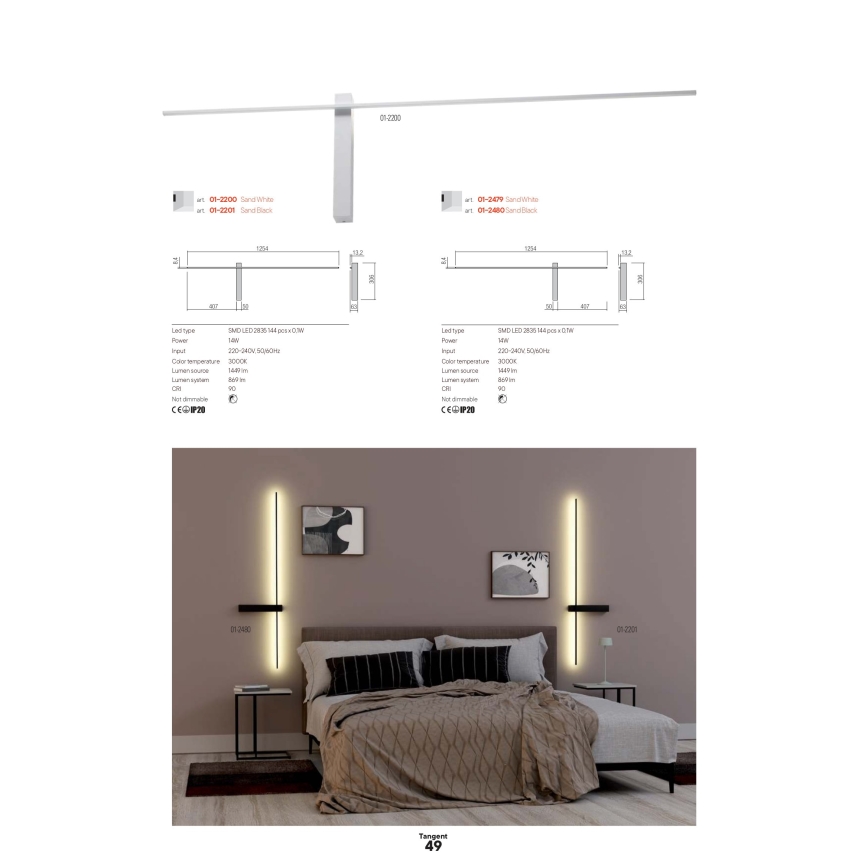 Redo 01-2747 - LED-seinävalaisin TANGENT LED/13W/230V 3000K 63,4 cm CRI 90 musta