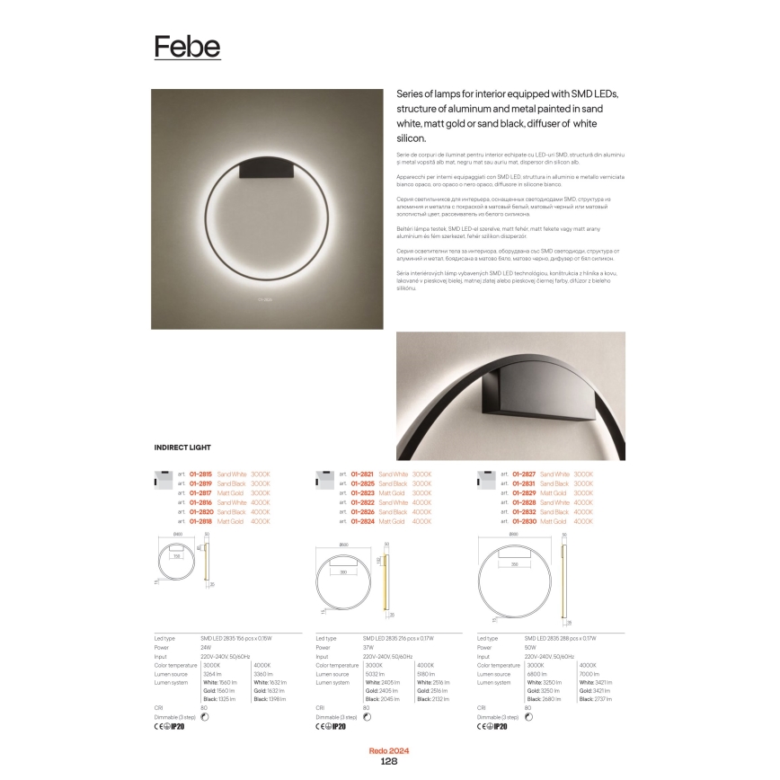Redo 01-2817 - Himmennettävä LED-seinävalaisin FEBE LED/24W/230V kulta