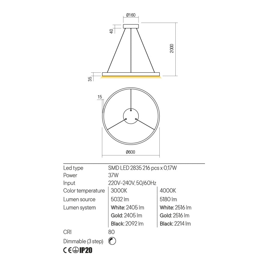 Redo 01-2865 - Himmennettävä LED-kattokruunu johdossa FEBE LED/37W/230V kulta