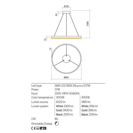 Redo 01-2865 - LED-himmennettävä riippuvalaisin kaapelilla FEBE LED/37W/230V kultainen