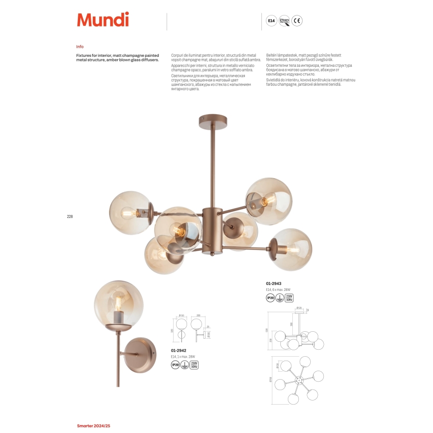 Redo 01-2943 - Kattovalaisin varrella MUNDI 6xE14/28W/230V kupari/savunvärinen