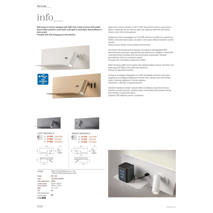 Redo 01-2985 - LED-seinävalaisin BROOK LED/8W/230V + LED/3W USB CRI 90 musta vasen