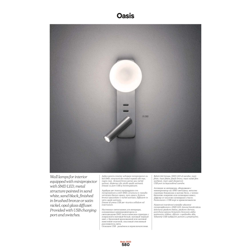 Redo 01-2994 - OASIS LED-seinävalaisin LED/3W/230V + 1xG9/10W USB CRI 90 musta