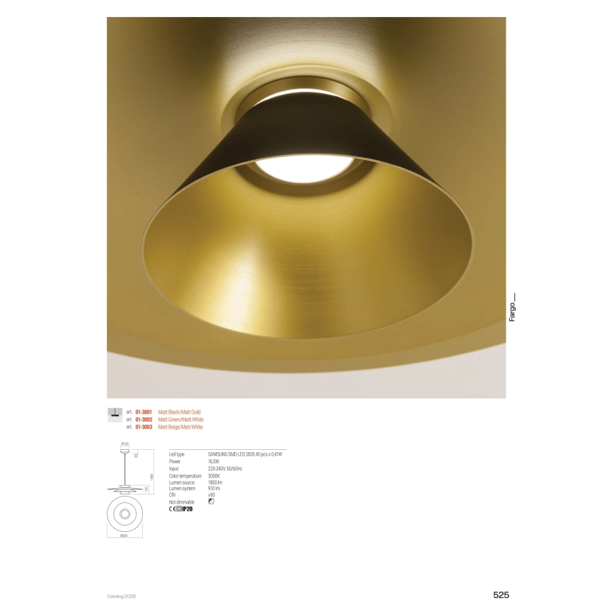 Redo 01-3001 - FARGO LED-riippuvalaisin vaijerilla, 16,5W/230V, CRI 90, Ø 50 cm, musta/kultainen