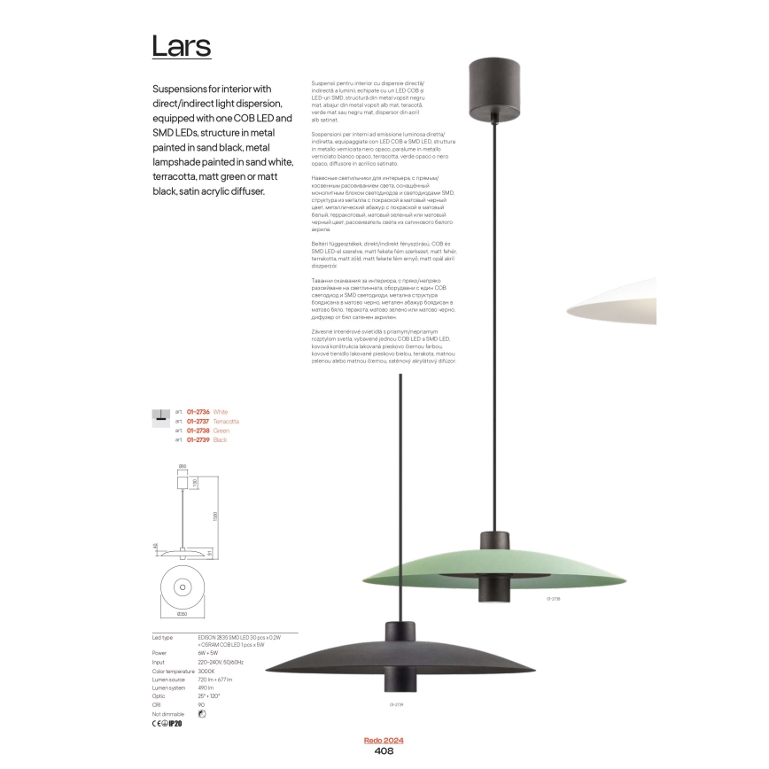 Redo 01-3018 - kaapelilla ripustettava LARS LED -riippuvalaisin, LED/14W/230V + LED/10W, Ø 60 cm, CRI 90, valkoinen