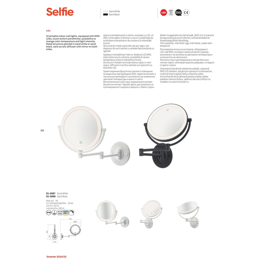 Redo 01-3088 - LED Himmennettävä kosketus meikkipeili SELFIE LED/7W/230V 3000/4000/6000K musta