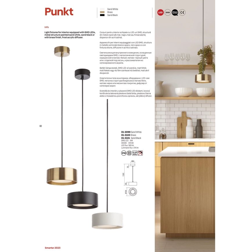 Redo 01-3100 - LED-kattokruunu johdossa PUNKT LED/6W/230V halkaisija 15 cm messinki