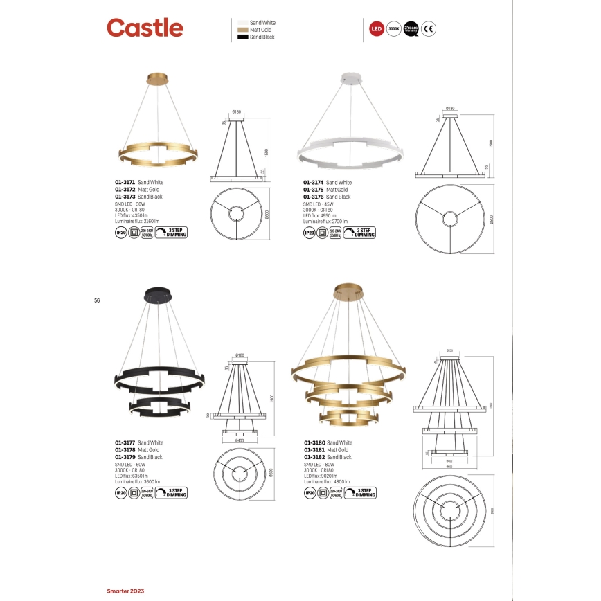 Redo 01-3179 - Himmennettävä LED-kattokruunu johdossa CASTLE LED/60W/230V musta