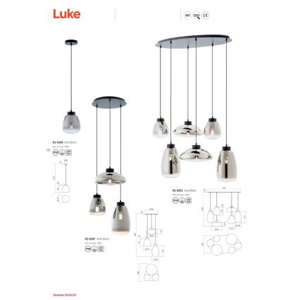 Redo 01-3212 - Kattokruunu johdossa LUKE 6xE27/42W/230V musta