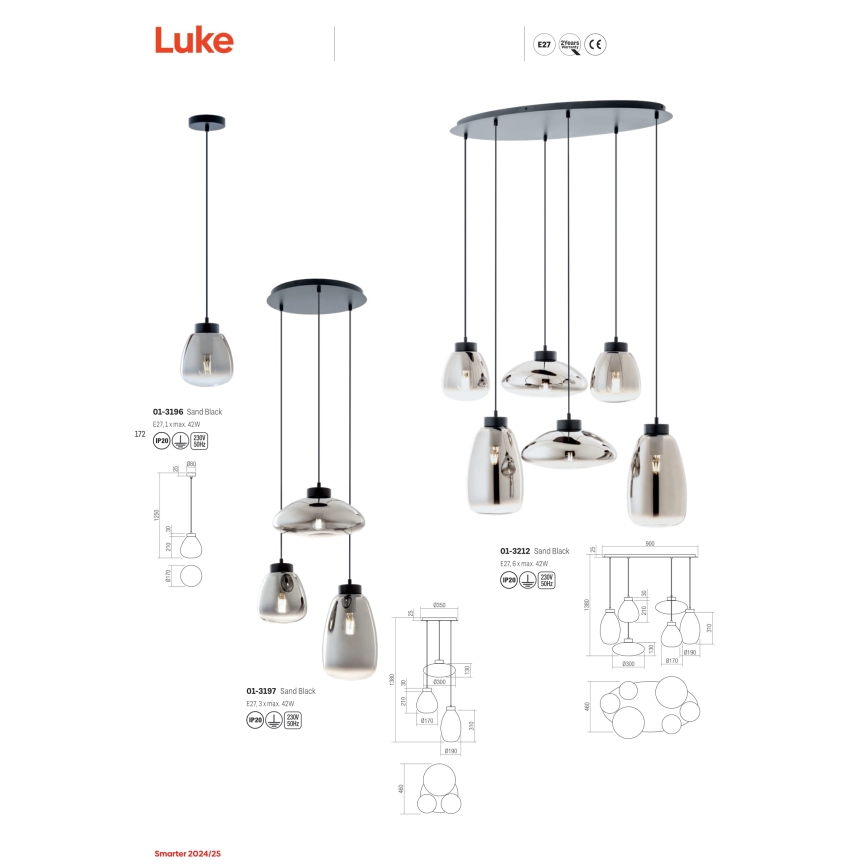 Redo 01-3212 - Kattokruunu johdossa LUKE 6xE27/42W/230V musta