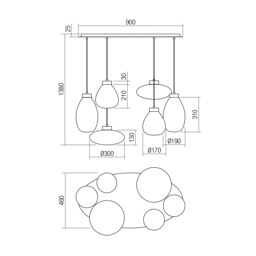 Redo 01-3212 - Kattokruunu johdossa LUKE 6xE27/42W/230V musta