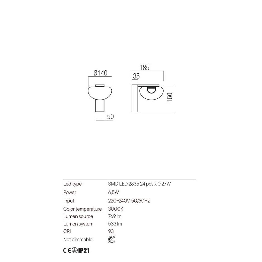 Redo 01-3241 - LED-seinävalaisin SINCLAIR LED/6,5W/230V CRI 93 IP21 kulta