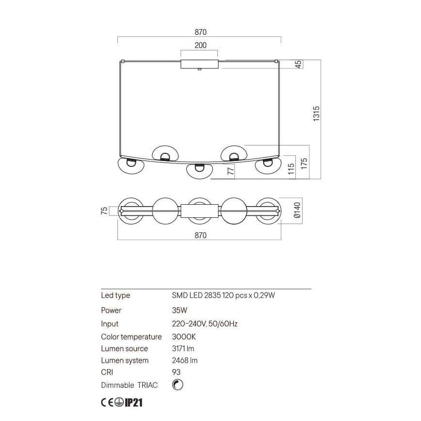 Redo 01-3244 - Himmennettävä LED-kattokruunu johdossa SINCLAIR LED/35W/230V CRI 93 IP21 musta
