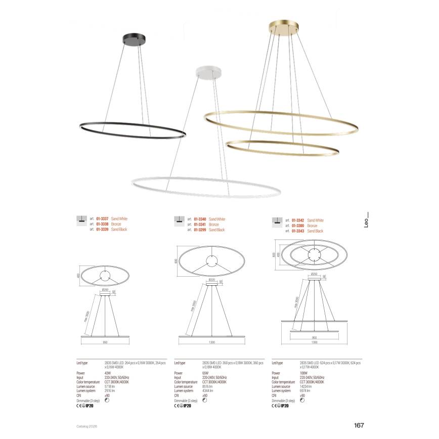 Redo 01-3340 - himmennettävä LED-riippuvalaisin vaijerilla LEO LED/67W/230V 3000/4000K CRI 90 60x130 cm valkoinen