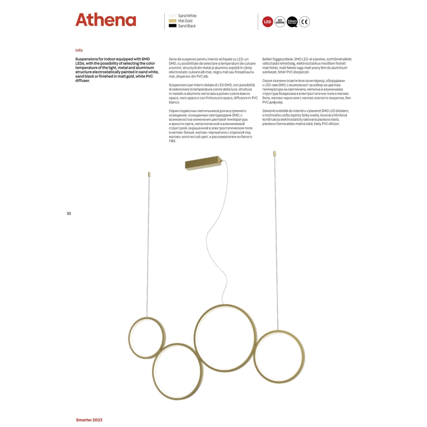 Redo 01-3383 - Himmennettävä LED-kattokruunu johdossa ATHENA LED/40W/230V 3000/4000/6000K CRI98 kulta