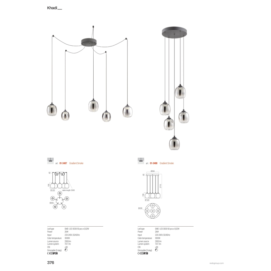 Redo 01-3487 - Himmennettävä LED-riippuvalaisin vaijerilla KHADI 5xLED/5,2W/230V CRI 90, hämähäkinmuotoinen, musta/savunvärinen