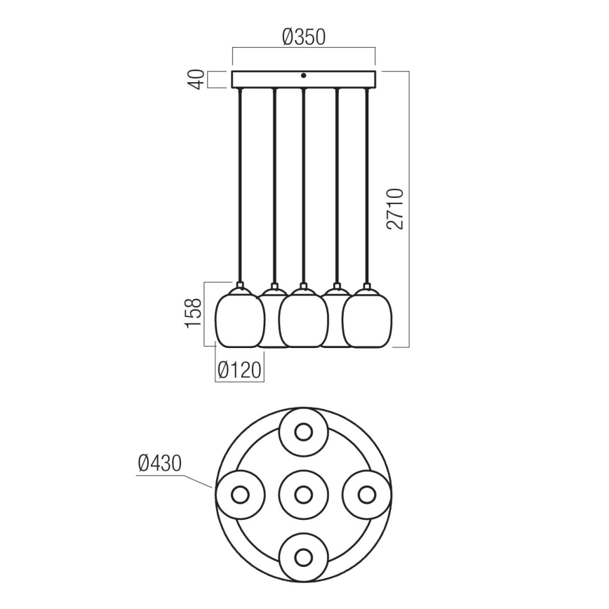 Redo 01-3488 - himmennettävä LED-riippuvalaisin vaijerilla KHADI 5xLED/5,2W/230V CRI 90 halkaisija 43 cm musta/savunvärinen