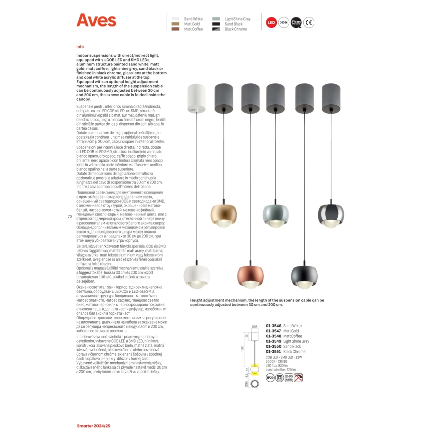 Redo 01-3549 - LED-kattokruunu johdossa AVES LED/12W/230V halkaisija 9,6 cm CRI 90 harmaa