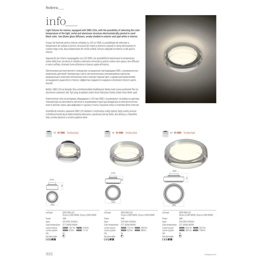 Redo 01-3589 - LED-kattovalaisin SOLERA LED/24W/230V halkaisija 35 cm CRI 93 3000/4000K harmaa
