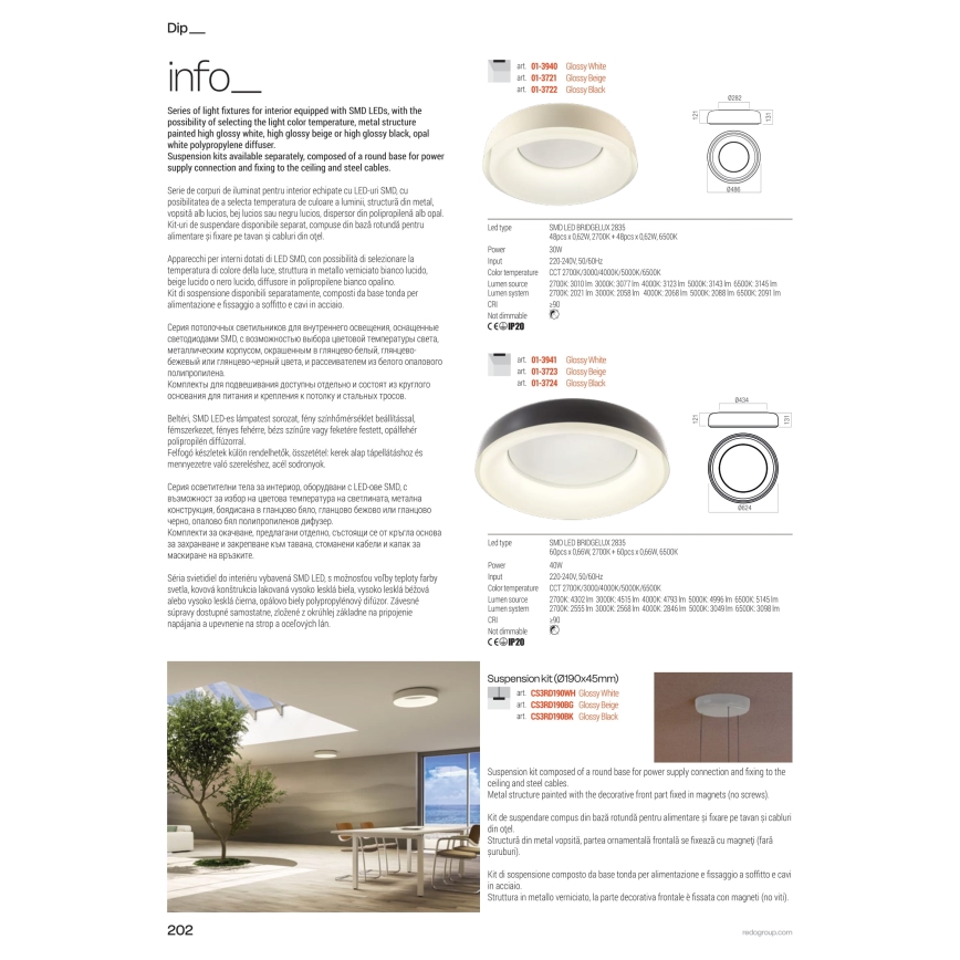 Redo 01-3724 - LED-kattovalaisin DIP-LED/40W/230V 2700/3000/4000/5000/6500K CRI 90 halkaisija 62,4 cm musta