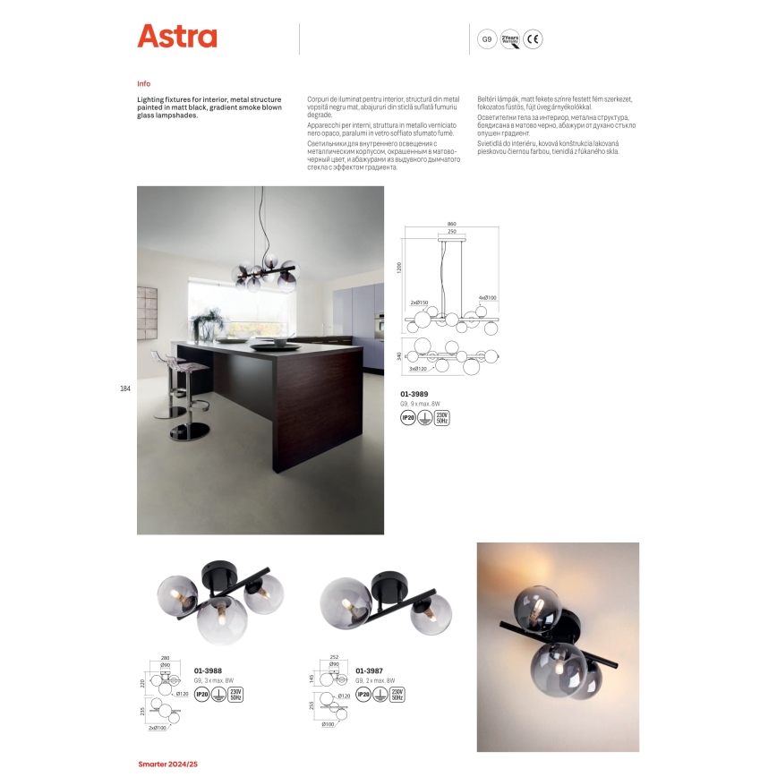 Redo 01-3988 - Kiinteä kattokruunu ASTRA 3xG9/8W/230V musta