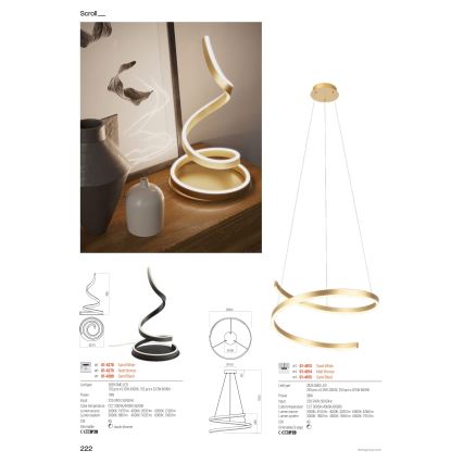 Redo 01-4014 - LED-himennettävä kattokruunu kaapelilla SCROLL LED/38W/230V 3000K/4000K/6000K CRI 90 halkaisija 60 cm kultainen