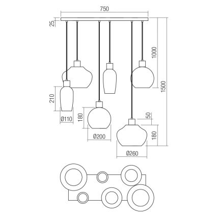 Redo 01-4047 - Kattokruunu johdossa ATLANTIS 6xE27/42W/230V musta