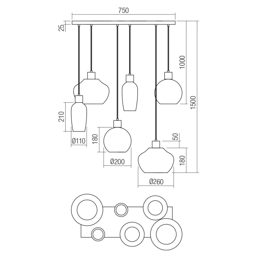 Redo 01-4047 - Kattokruunu johdossa ATLANTIS 6xE27/42W/230V musta