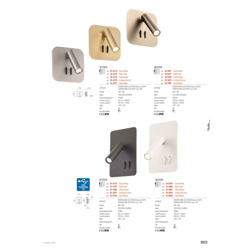 Redo 01-4473 - LED Seinävalaisin QUDA LED/6W/230V + LED/3W CRI 90 pronssinvärinen
