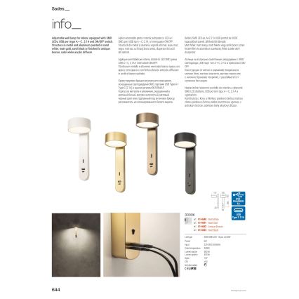 Redo 01-4641 - LED-seinävalaisin SADES LED/6W/230V CRI 90 USB kultainen