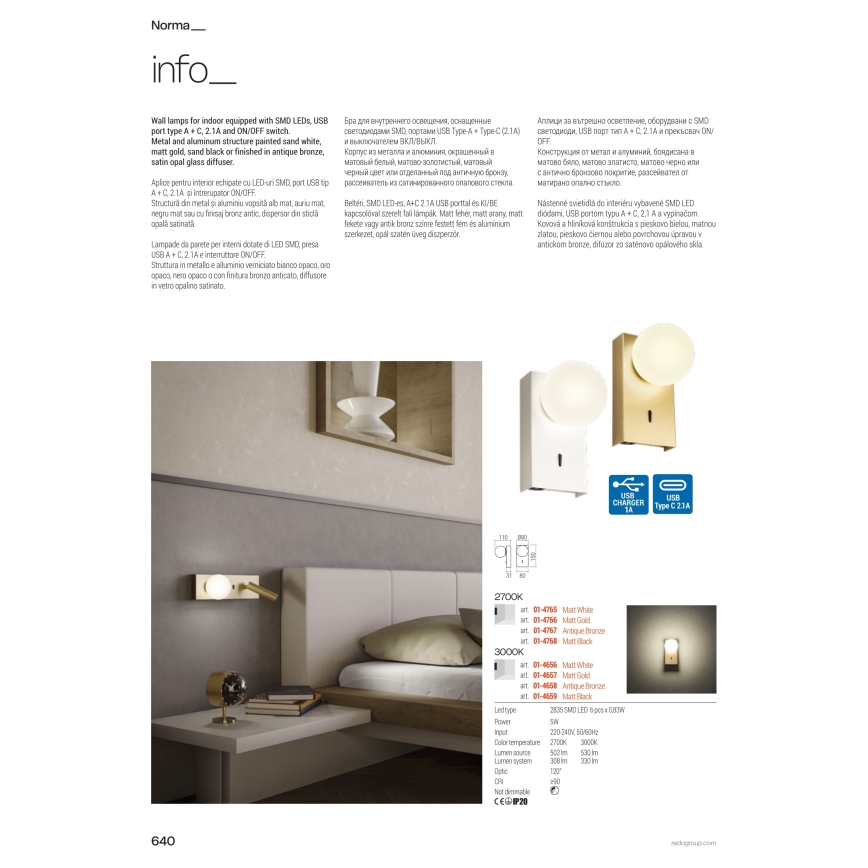 Redo 01-4656 - NORMA LED-seinävalaisin 5 W/230 V CRI 90 USB, valkoinen