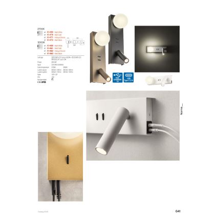 Redo 01-4662 - NORMA LED-seinävalaisin LED/5W/230V + LED/3W CRI 90 USB valkoinen/pronssi