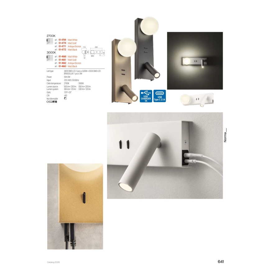 Redo 01-4662 - NORMA LED-seinävalaisin LED/5W/230V + LED/3W CRI 90 USB valkoinen/pronssi