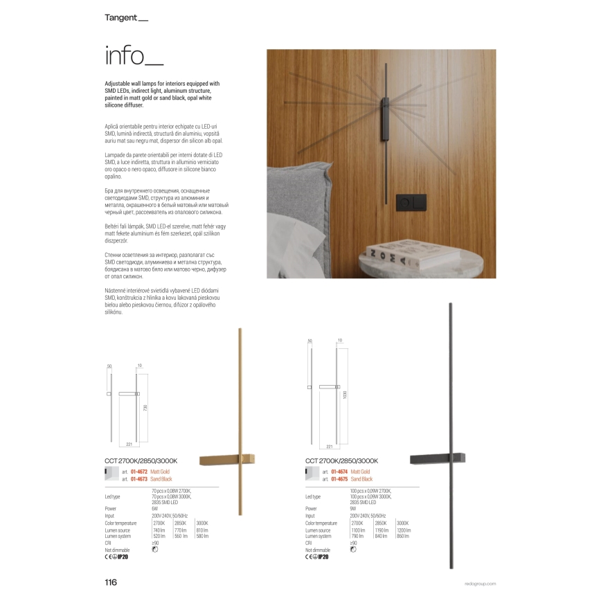 Redo 01-4674 - TANGENT LED-seinävalaisin LED/9W/230V 2700/2850/3000K 73 cm CRI 90 kultainen