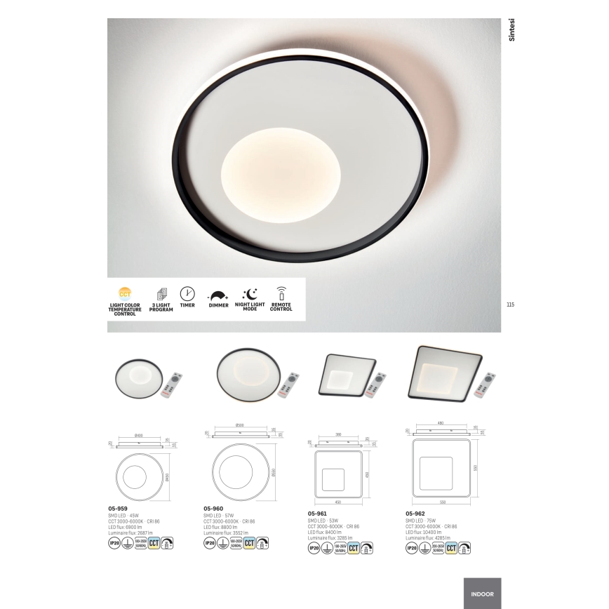 Redo 05-961 - Himmennettävä LED-kattovalaisin SINTESI LED/53W/230V 45x45 cm 3000-6000K + kauko-ohjaus