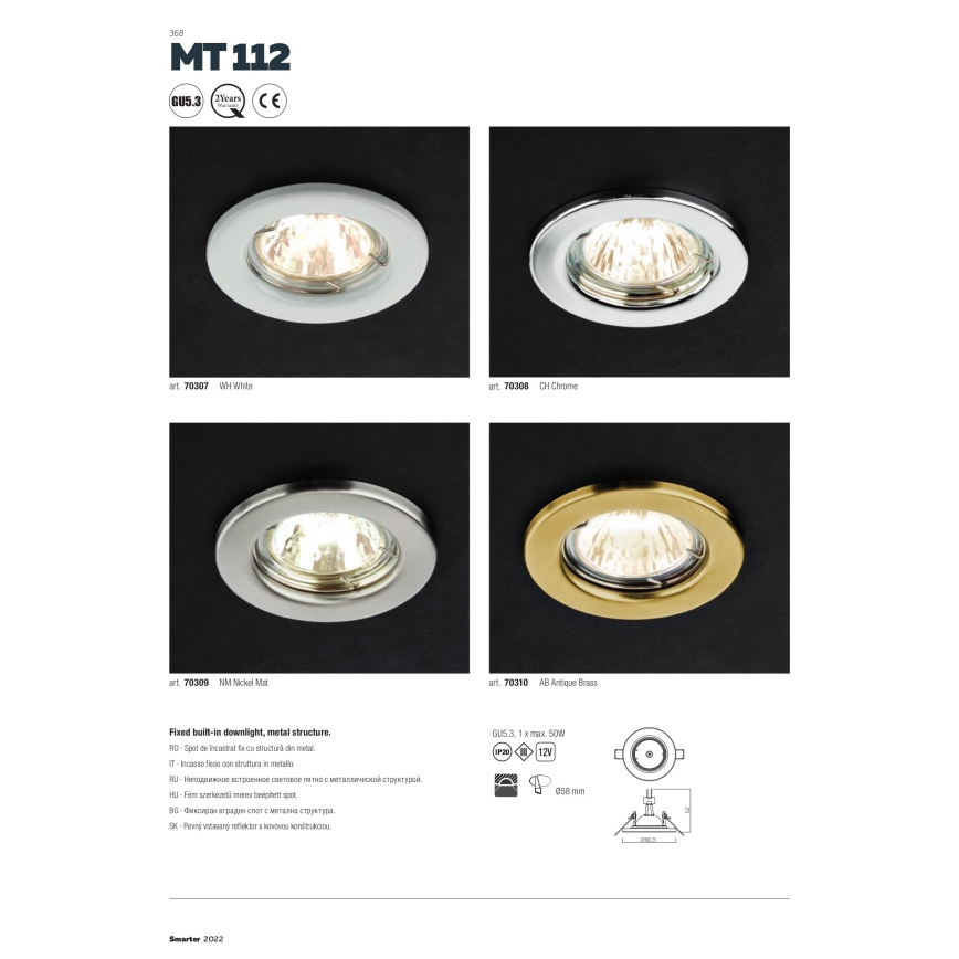 Redo 70308 - Upotettava valo MT 1xGU5,3/50W/12V kiiltävä kromi