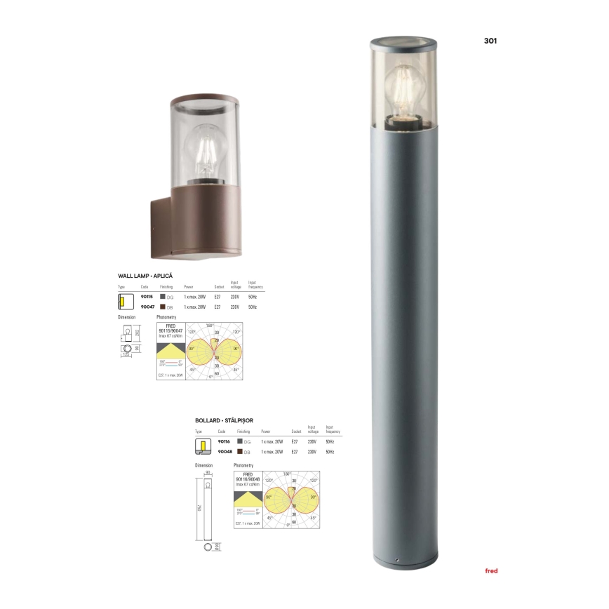 Redo 90047 - Ulkoseinävalaisin FRED 1xE27/20W/230V IP54