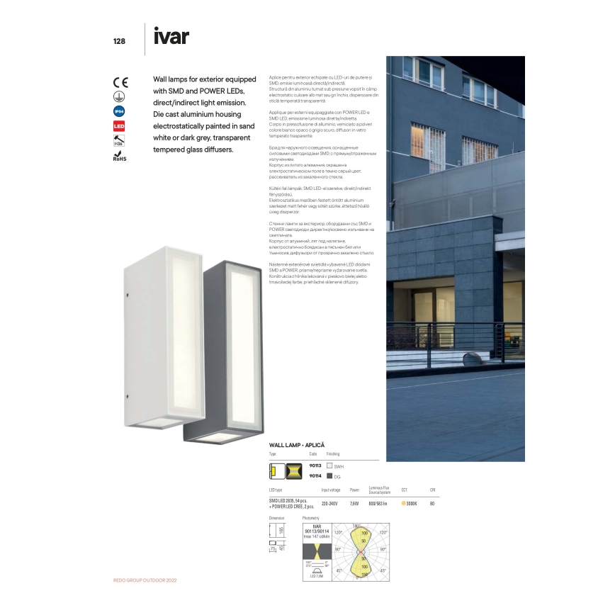 Redo 90114 - LED-ulkoseinävalaisin IVAR LED/7,6W/230V IP54 antrasiitti
